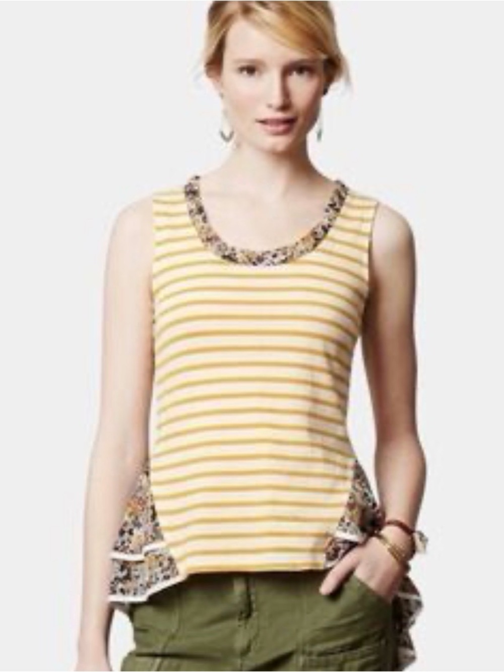 Anthropologie postmark Striped Yellow & White Ruffle Hem Sleeveless Top small